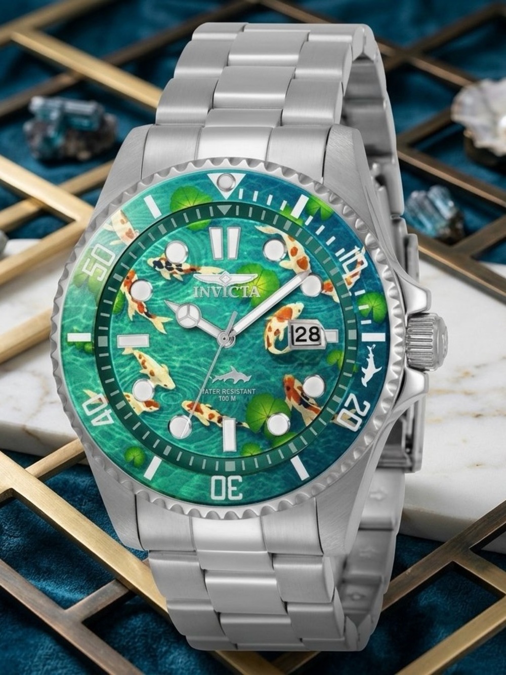 Invicta Silver Watch with Green Koi Pond Dial